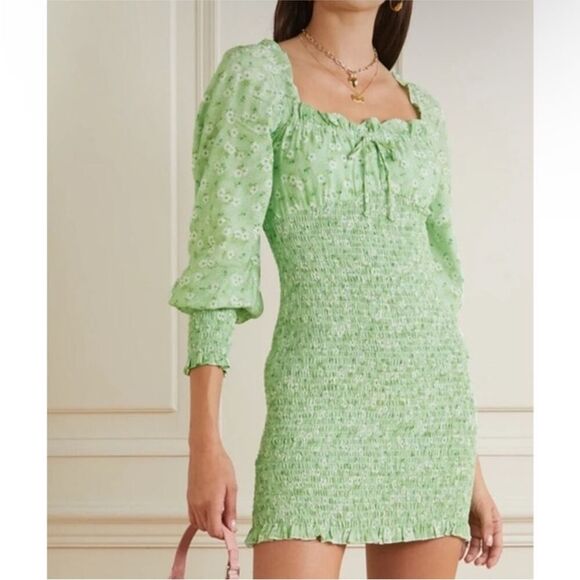 Faithfull The Brand Small Cosmia Merci Mini Dress Smocked Balloon Sleeve Size 4 - Picture 1 of 14